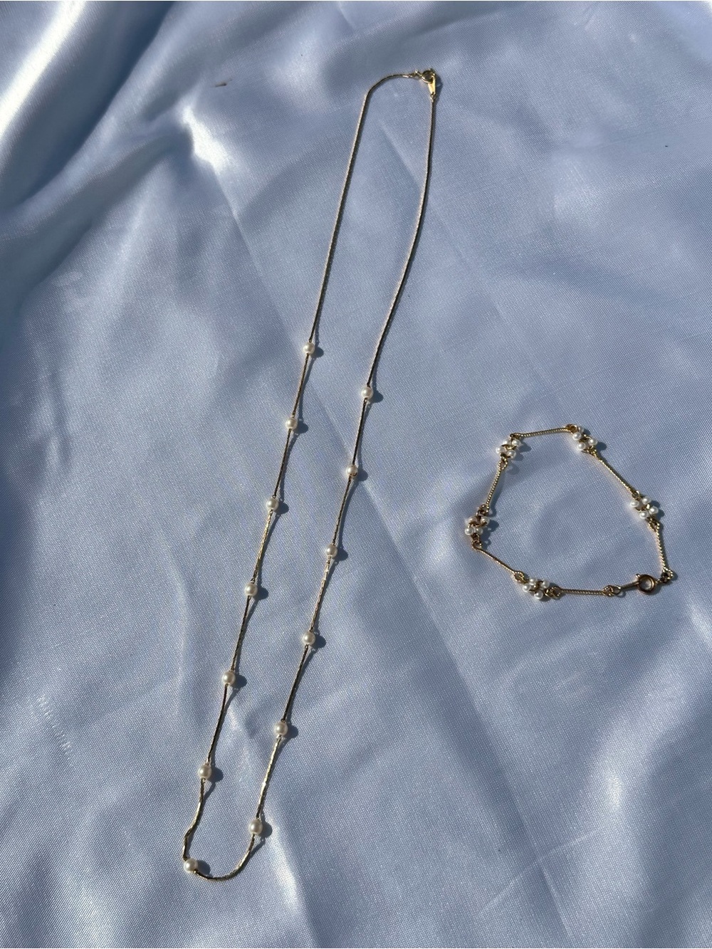 Dainty Gold Pearl Station Necklace and Pearl Bracelet Lot